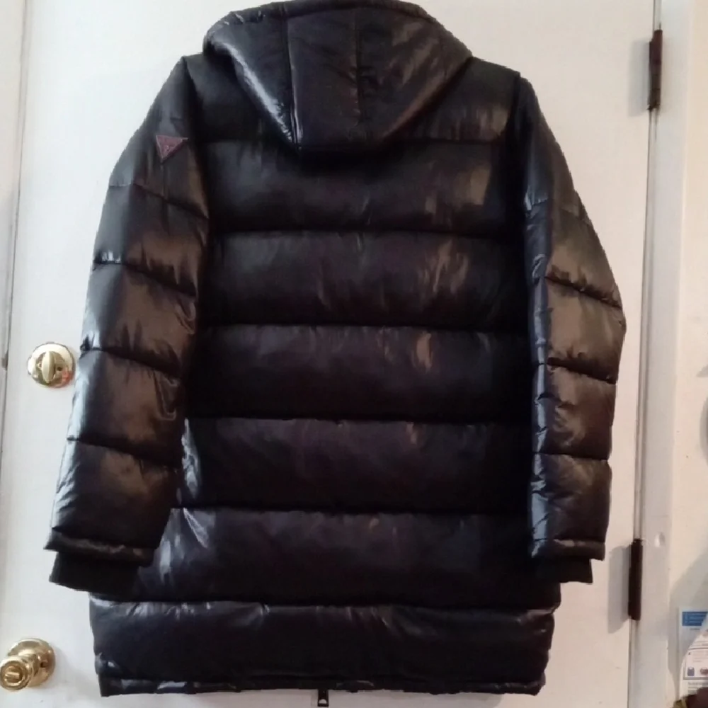 GUESS Black Puffer Coat with Deep Red Interior